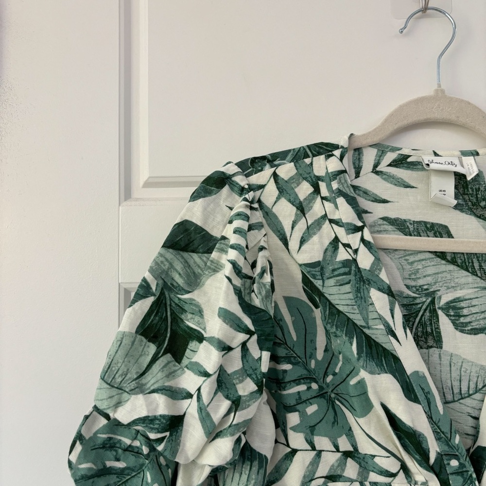 H&M x Johanna Ortiz Green White Linen Leaf Dress - Picture 9 of 9
